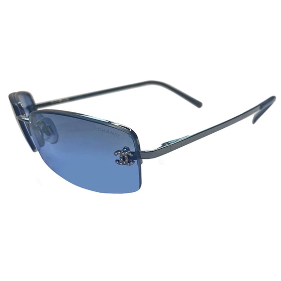 CHANEL CRYSTAL CC FRAMELESS BLUE LENS SUNGLASSES Y2K - Picture 3 of 4